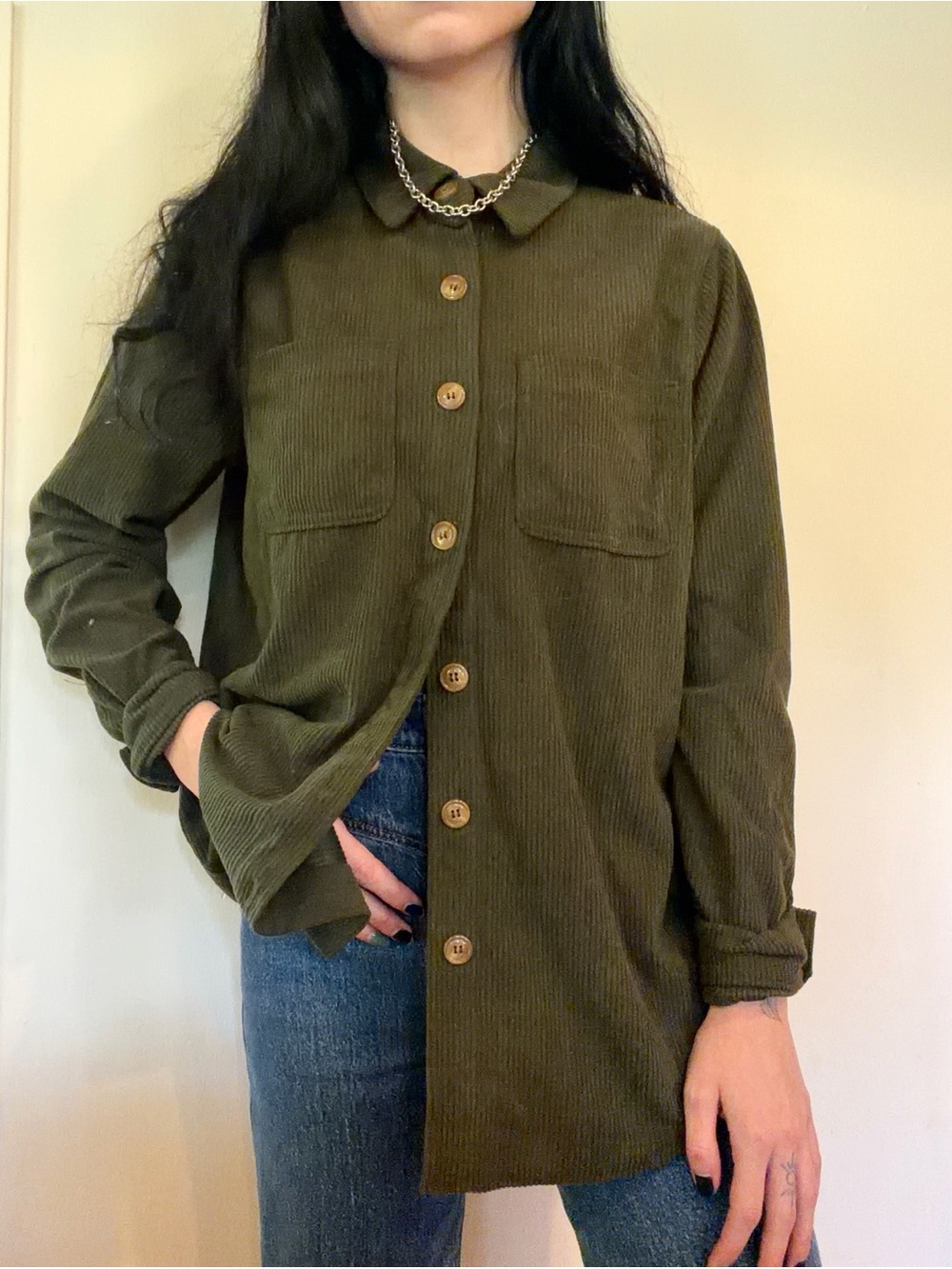 Olive Green Corduroy Button-Front long sleeve